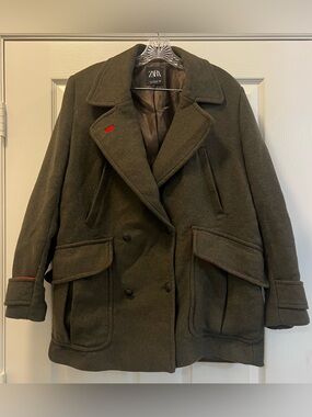 Zara Women’s Dark Olive Green Wool Pea Coat with Red Accent, Size Large.